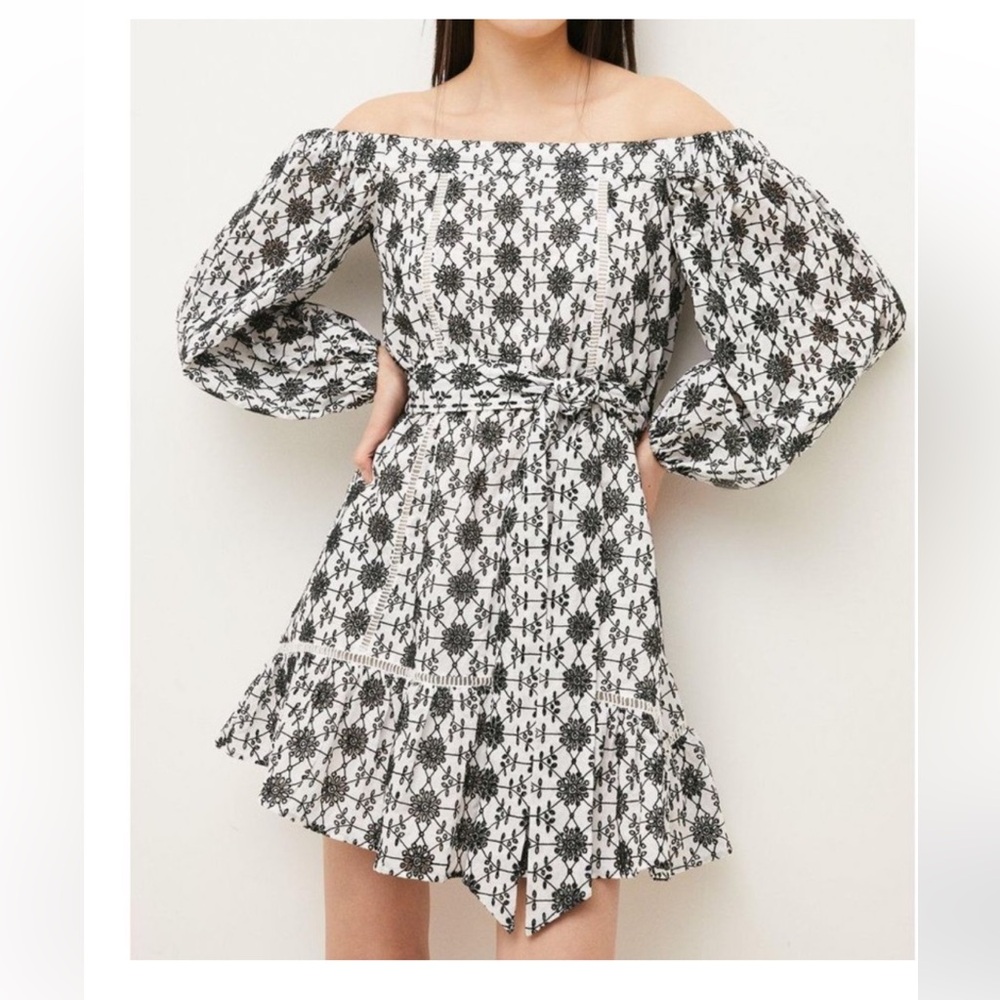 Karen Millen Contrast Cotton Eyelet Off Shoulder Belted Dress US 4